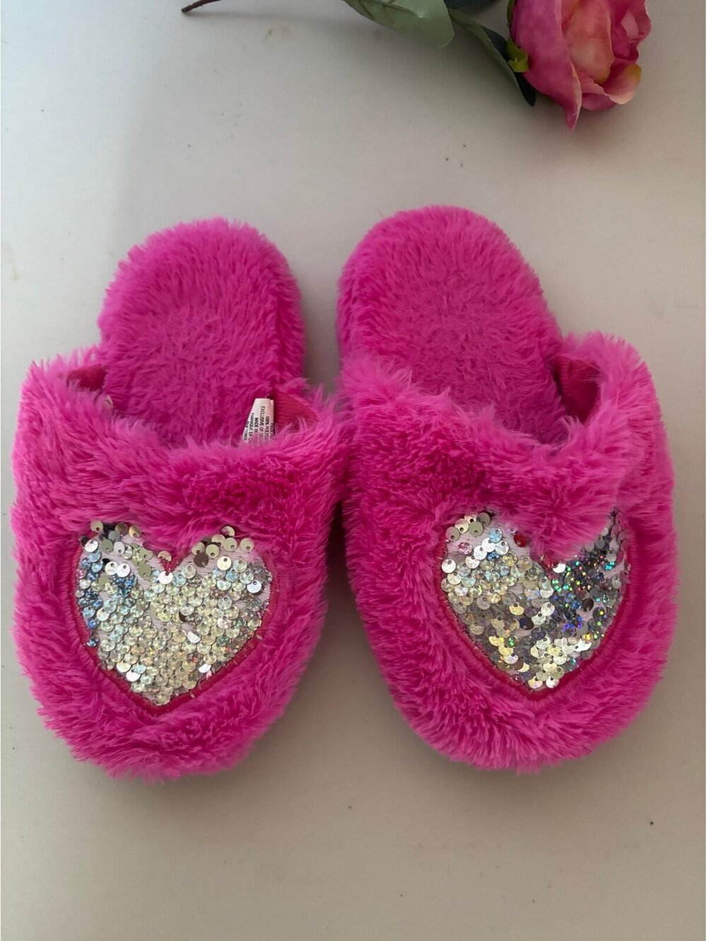 Pink Fuzzy Slippers with Silver Sequin Heart Accent